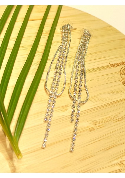 Lüks Gümüş Renk Taşlı Abiye Küpe fiyatları