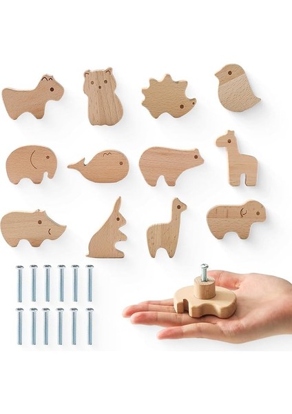 12 Adet Ahşap Dolap Topuzları Vidalar, Hayvan Şekli Mobilya Çekme Kolu Çocuk Odası Için, Günlük Renk Ahşap Kulplar Için Dolaplar Için Çocuk Odası