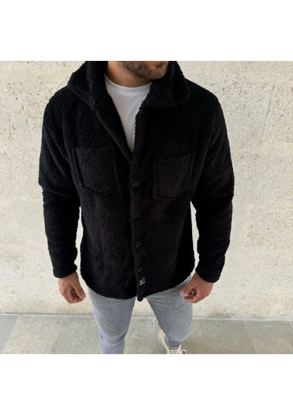 Erkek Pelüş Polar Hırka Gömlek – Yakalı, Ilik Düğmeli, Göğüs Cepli, Yumuşak Dokulu Kışlık Regular Fit Rahat Günlük Model - Siyah fırsatları