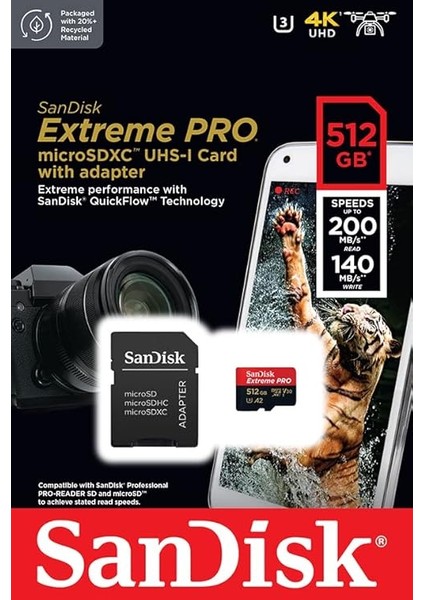 512 GB Extreme Pro Microsdxc Kart + Sd Adaptörü + Rescuepro Deluxe, 200 Mb/sn'ye Kadar, A2 Uygulama Performansı, Uhs-I, Sınıf 10, U3, V30 ile fırsatları