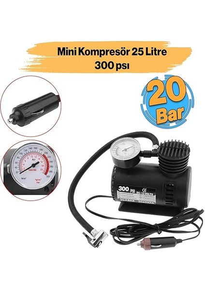 Hava Kompresörü 12V Araç Tipi Çakmaklık Araba Bisiklet Teker Lastik Şambrel Top Şişirme 300 Psı fiyatları