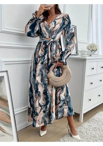 Eyesof Kadın Uzun Kollu Kruvaze Yakalı Beli Kuşaklı Desenli Süprem Maxi Elbise