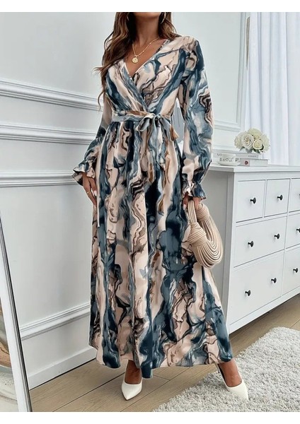 Eyesof Kadın Uzun Kollu Kruvaze Yakalı Beli Kuşaklı Desenli Süprem Maxi Elbise fırsatları