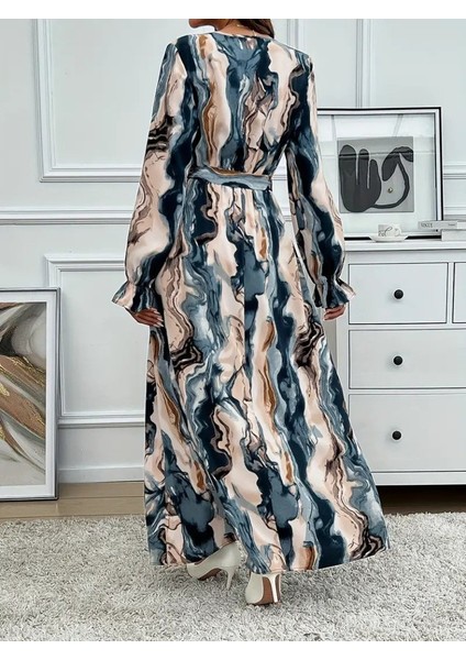 Eyesof Kadın Uzun Kollu Kruvaze Yakalı Beli Kuşaklı Desenli Süprem Maxi Elbise indirimleri