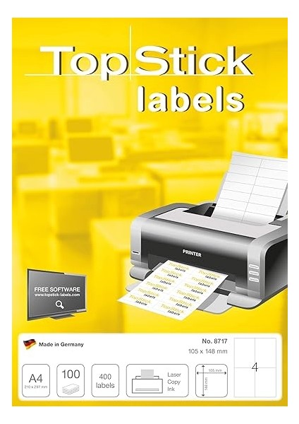 8717 Evrensel Etiketler, 100 Yaprak, 105 x 148 Mm, A4 Adet Sayfa Başına, 400 Adet, Kendinden Yapışkanlı, Basılabilir, Mat, Boş Kağıt Yapışkanlı Etiket Çıkartma, Beyaz modelleri