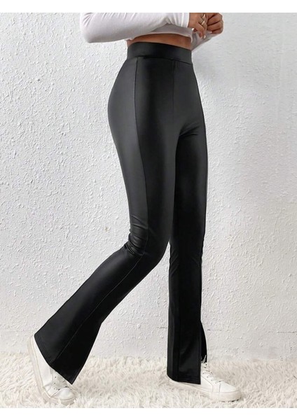 Kadın Yüksek Bel Önden Yırtmaçlı Deri Tayt fiyatları