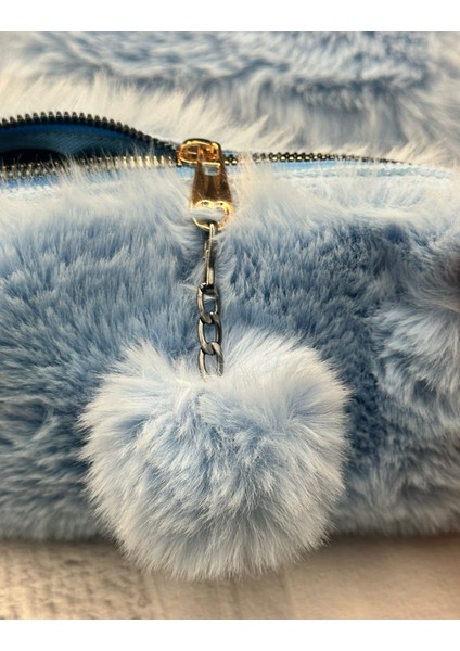 Ponponlu Peluş Mavi Kalem Kutu / Kalemlik / Toparlayıcı /çanta fırsatları