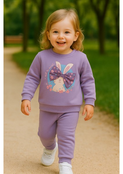 Kız Çocuk Kışlık Eşofman Takımı Sweatshirt Alt Pamuklu Üç Iplik Şardonlu 1-2-3-4 Yaş