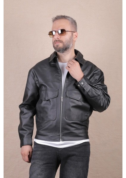 Oversize Rahat Kalıp Cep Detaylı Erkek Deri Ceket