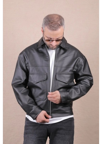 Oversize Rahat Kalıp Cep Detaylı Erkek Deri Ceket modelleri