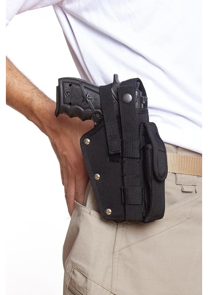 Askeri Malzeme Sağ El Siyah Renkli Çift Emniyetli Şarjörlüklü Airsoft Palaskaya Kemere Geçirmeli Impertex Silah Kılıfı