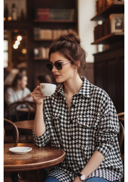 Oversize Kazayağı Desen Jakarlı Dokuma Kareli Tunik