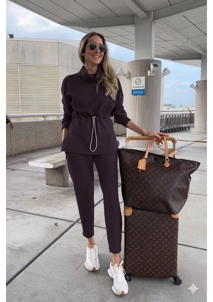 Mdb Kadın Uzun Kollu Balıkçı Yaka Belden Lastikli Modal Bluz ve Pantolon Ikili Takım