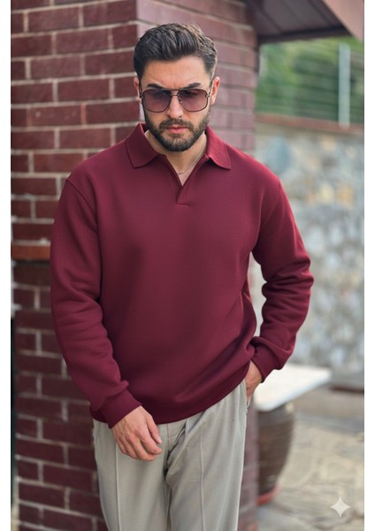 Erkek Bordo Polo Yakalı Pamuklu Yumuşak Kalın Kumaşlı Oversize Sweatshirt