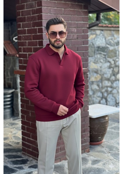 Erkek Bordo Polo Yakalı Pamuklu Yumuşak Kalın Kumaşlı Oversize Sweatshirt fiyatları