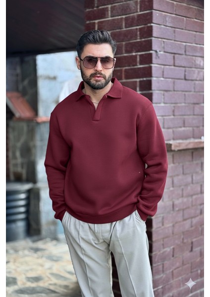 Erkek Bordo Polo Yakalı Pamuklu Yumuşak Kalın Kumaşlı Oversize Sweatshirt modelleri