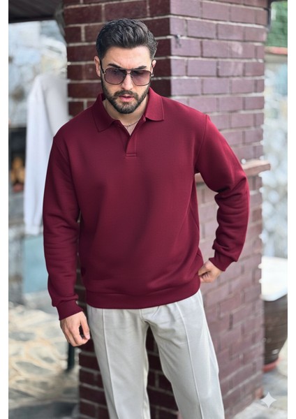 Erkek Bordo Polo Yakalı Pamuklu Yumuşak Kalın Kumaşlı Oversize Sweatshirt fırsatları