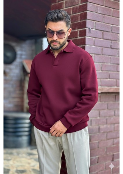 Erkek Bordo Polo Yakalı Pamuklu Yumuşak Kalın Kumaşlı Oversize Sweatshirt indirimleri