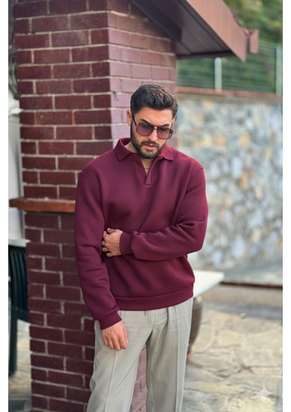 Erkek Bordo Polo Yakalı Pamuklu Yumuşak Kalın Kumaşlı Oversize Sweatshirt