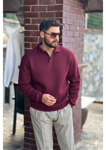 Erkek Bordo Polo Yakalı Pamuklu Yumuşak Kalın Kumaşlı Oversize Sweatshirt