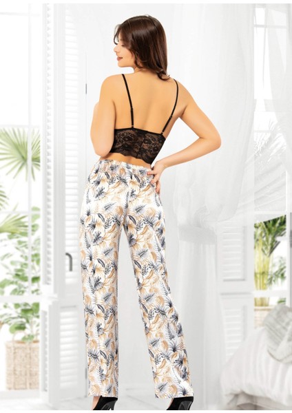 5025 Beyaz Çicek Desenli Dantelli Ip Askılı Sexy Saten Gecelik Üçlü Takım fiyatları