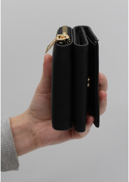 Siyah Bozuk Para Gözlü Bol Kartlıklı Mini Kadın Cüzdanı modelleri