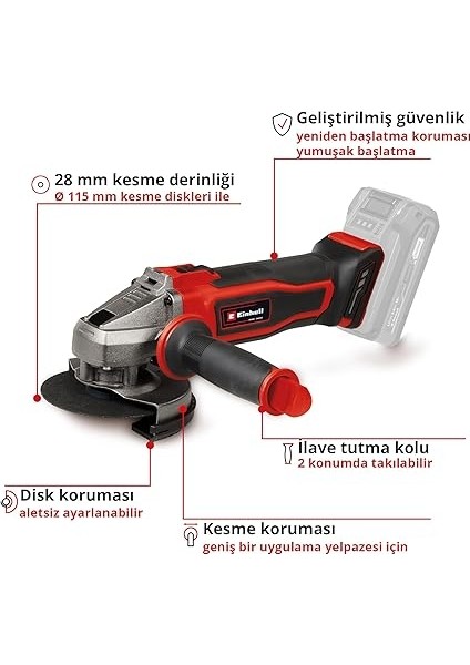 Akülü Avuç Taşlama Te-Ag 18/115-2 Li - Solo Power X-Change (18 V, 115 mm Ø Disk, 28 mm Kesme Derinliği, Yumuşak Başlatma Özelliği, Kesme Koruması) modelleri