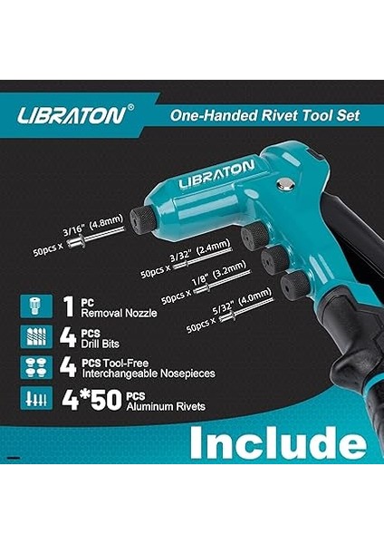 Tek Elle Perçin Tabancası, Pop Perçin Tabancası Seti, Profesyonel El Perçinleyici, Metal Için 200 Perçinli Manuel Perçinleme Aleti, 4 Matkap Ucu, 4 Aletsiz Değiştirilebilir Başlık, Saklama indirimleri