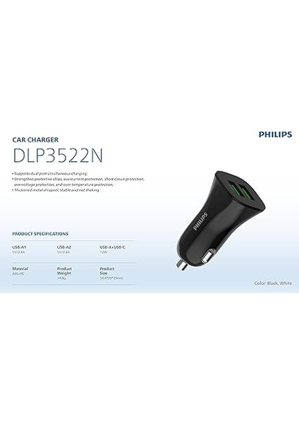 DLP3522N Çift Usb-A Portlu Araç Şarj Adaptörü, 5V 2.4A Çıkış, 12-24V Giriş, Kompakt Tasarım, Aşırı Isınma ve Şarj Korumalı, Siyah fiyatları