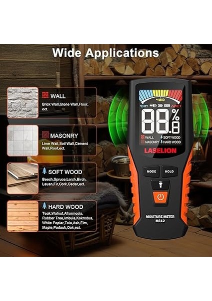 Pinless Nem Ölçer MS12 Tahribatsız Ahşap Nem Ölçer Dedektörü, Büyük LCD Ekranlı, Piller, Ahşap, Yakacak Odun, Duvarlar, Yapı Malzemeleri Için 4 Modlu Nem Ölçer indirimleri