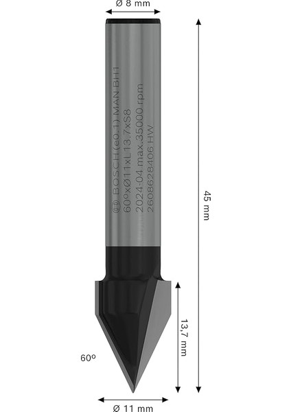 Professional Aksesuar 2608 628 406 V Oluk Freze 8 Mm, D1 11 Mm, Uzunluk 14 Mm, G 45 Mm, 60° modelleri