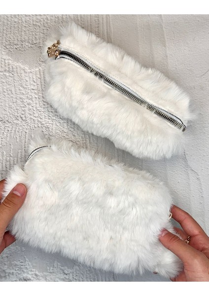 Ponponlu Peluş Beyaz Kalem Kutu Kalemlik Toparlayıcı Çanta