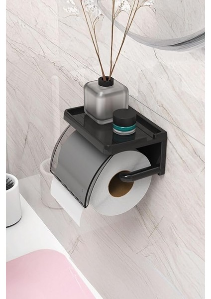Home Yapışkanlı Kapaklı Tuvalet Kağıdı Askısı Banyo Tuvalet Kağıtlığı Aparatı Peçetelik Organizer Plastik, Siyah