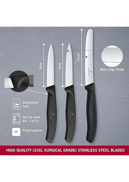 Swiss Classic Sebze Bıçağı Seti, 3 Parça, Düz Kesim, Ekstra Keskin, Sağlam Plastik Sap, Siyah modelleri