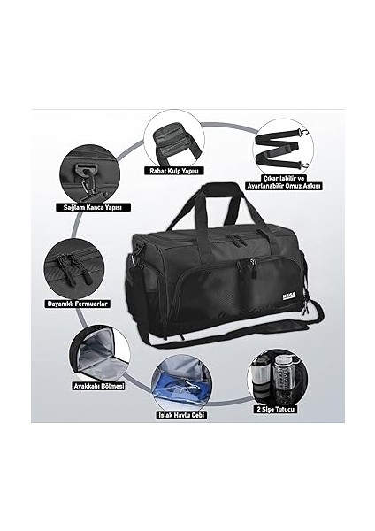 Spor Çantası, 10 Cepli, Ayakkabı Bölmeli, Su Geçirmez Islak Eşya Keseli, Organizer Tasarımlı Dayanıklı Bay Bayan Seyahat Çantası, Gym, Fitness Çantası - Siyah indirimleri