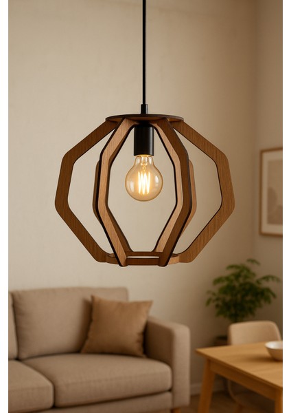 30 cm Geometrik Geçmeli Modern Ahşap Avize Mdf Lazer Kesim E27 Duy Uyumlu