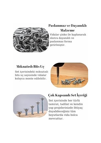 All Essential Fasteners 320PARÇA 12 Çeşit Vida Seti, Dübelli Sunta Vidası Seti,matkap Ucu Bits Uç ve Takım Çantası indirimleri