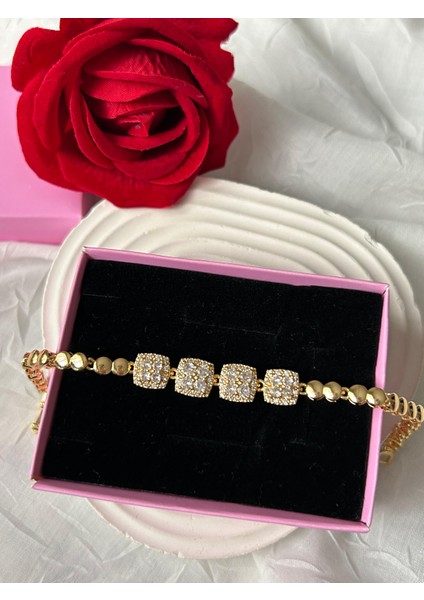 Zirkon Taşlı Bileklik Gümüş Gold Renk Şık Kadın Bileklik Sevgiliye Hediye Kutuluu