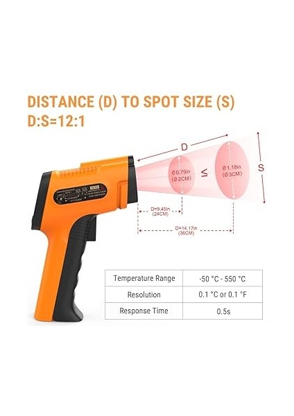 TP30 Yüksek Hassasiyetli Profesyonel Kızılötesi Termometre, -50°c Ila 550°C (-58°f Ila 1022°F) Ayarlanabilir Emisiviteli Dijital Lazer Termometre (Vücut Kullanımı Için Değildir) fiyatları