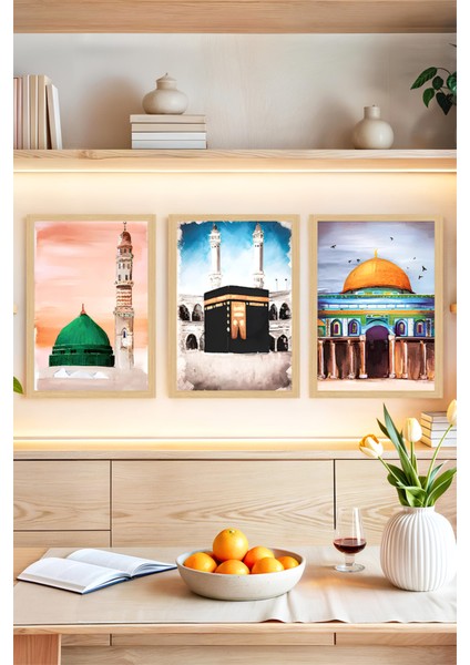 🕋 Islam’ın Kalbinden Ilham Alan 3’lü Çerçeve Görünümlü Tablo Seti 🌙 CRVS1232 13 x 17
