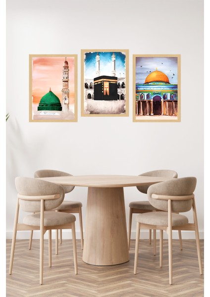 🕋 Islam’ın Kalbinden Ilham Alan 3’lü Çerçeve Görünümlü Tablo Seti 🌙 CRVS1232 13 x 17 fiyatları