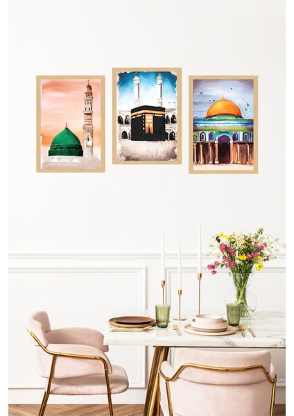 🕋 Islam’ın Kalbinden Ilham Alan 3’lü Çerçeve Görünümlü Tablo Seti 🌙 CRVS1232 13 x 17 fırsatları
