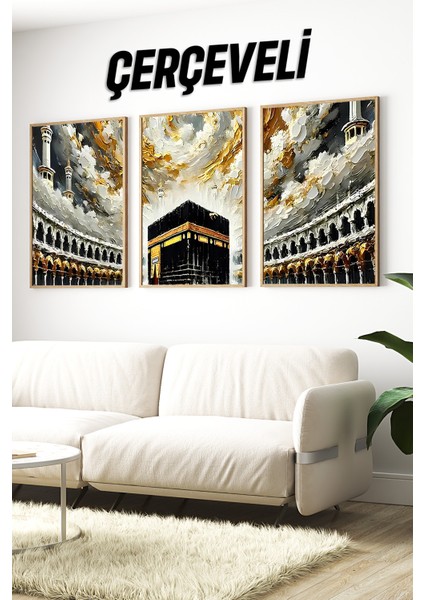 🕋 Kâbe Manzaralı 3'lü Tablo Seti – Çam Çerçeveli, Uv Baskılı, Mdf Zeminli 🌙🌸 CRV1227 23 x 32