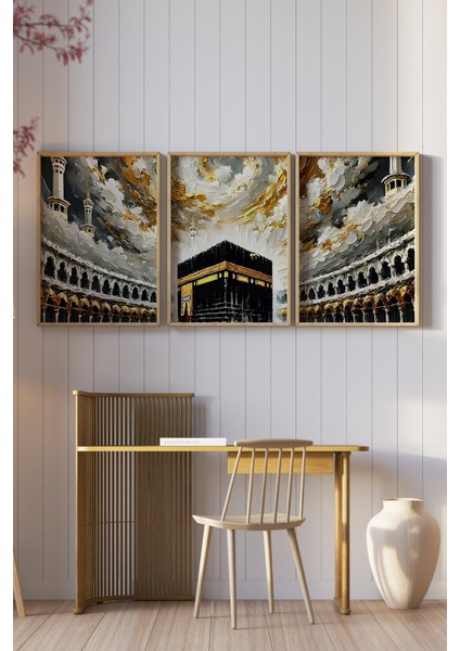 🕋 Kâbe Manzaralı 3'lü Tablo Seti – Çam Çerçeveli, Uv Baskılı, Mdf Zeminli 🌙🌸 CRV1227 23 x 32 fiyatları
