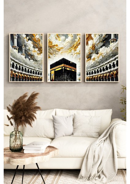 🕋 Kâbe Manzaralı 3'lü Tablo Seti – Çam Çerçeveli, Uv Baskılı, Mdf Zeminli 🌙🌸 CRV1227 23 x 32 fırsatları