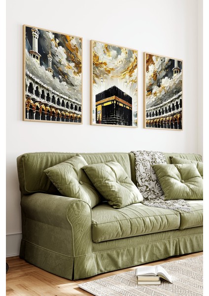 🕋 Kâbe Manzaralı 3'lü Tablo Seti – Çam Çerçeveli, Uv Baskılı, Mdf Zeminli 🌙🌸 CRV1227 23 x 32 indirimleri