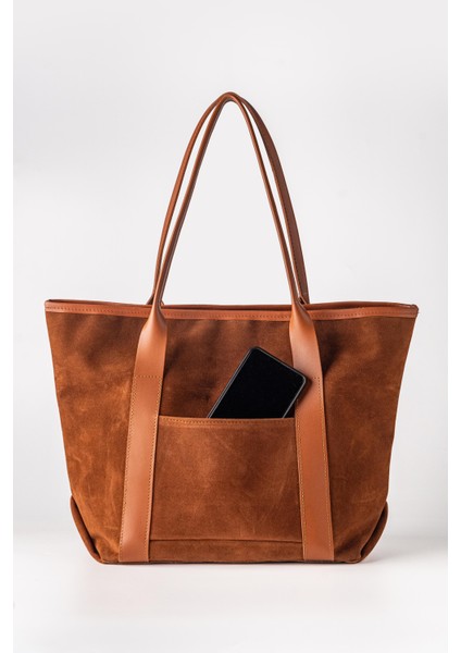 Kadın Büyük Boy Süet Cepli Omuz Kol Çantası Taba Rengi