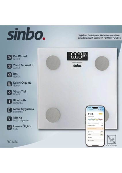Yağ Ölçer Akıllı Bluetooth Cam Baskül Pilli 180KG/50GR 26X26CM 8-Kişi Hafıza LCD Ekran SBS-4474 (5148)