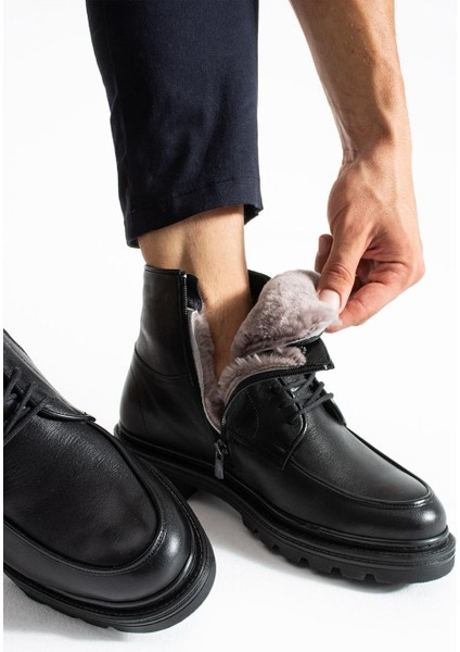 Erkek Siyah Hakiki Deri-Kürklü Bot