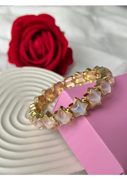 Zirkon Taşlı Esnek Yıldız Bileklik Pudra Altın Renk Şık Kadın Bileklik Sevgiliye Hediye Kutulu fırsatları